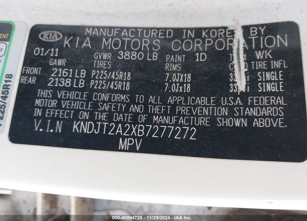 2011 KIA SOUL VIN: KNDJT2A2XB7277272