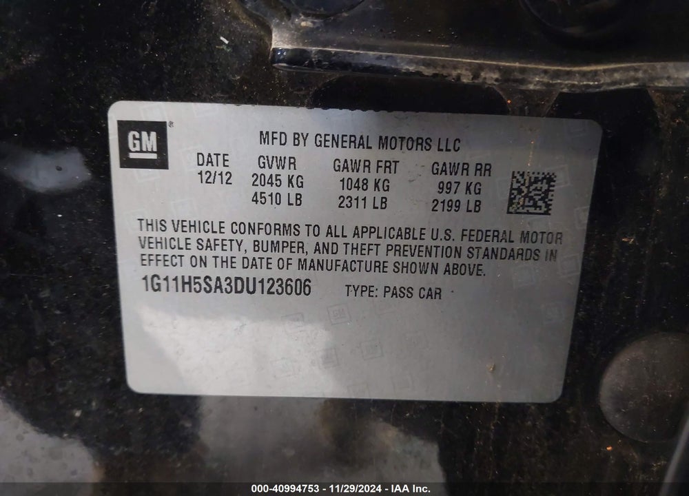 2013 CHEVROLET MALIBU 1LZ VIN: 1G11H5SA3DU123606
