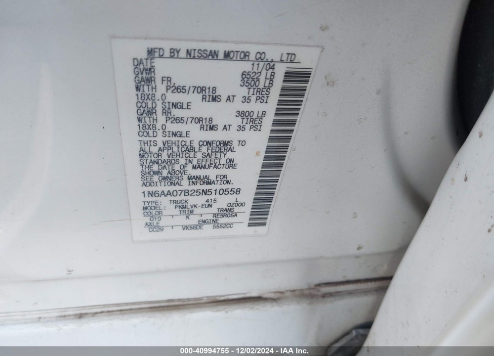 2005 NISSAN TITAN LE VIN: 1N6AA07B25N510558