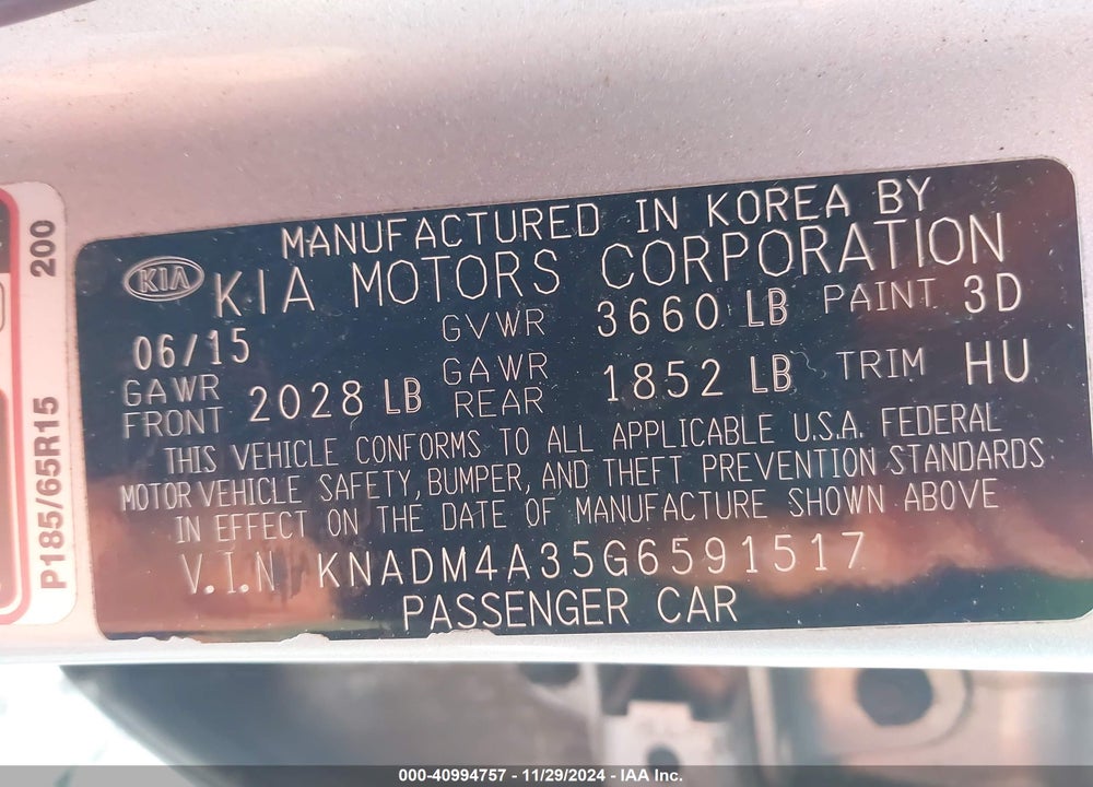2016 KIA RIO VIN: KNADM4A35G6591517