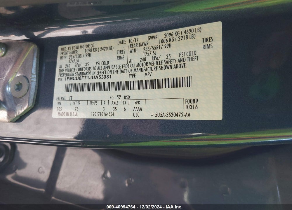 2018 FORD ESCAPE S VIN: 1FMCU0F71JUA53981