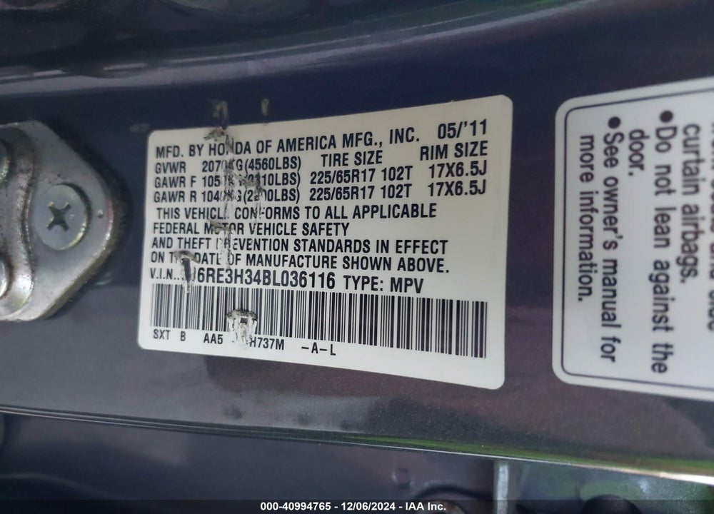 2011 HONDA CR-V VIN: 5J6RE3H34BL036116