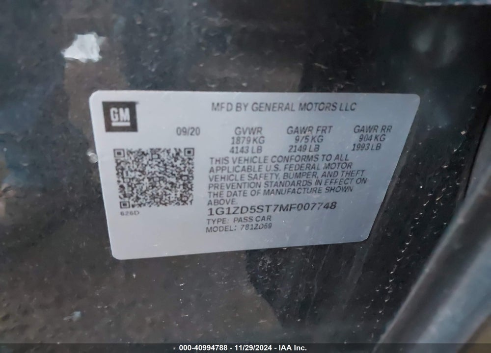 2021 CHEVROLET MALIBU VIN: 1G1ZD5ST7MF007748