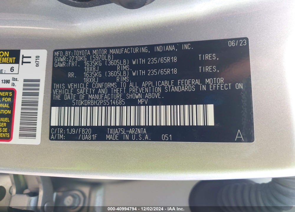2023 TOYOTA HIGHLANDER LE VIN: 5TDKDRBH2PS514685