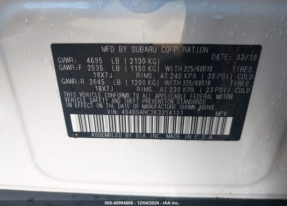 2019 SUBARU OUTBACK 2.5I LIMITED VIN: 4S4BSANC2K3334121