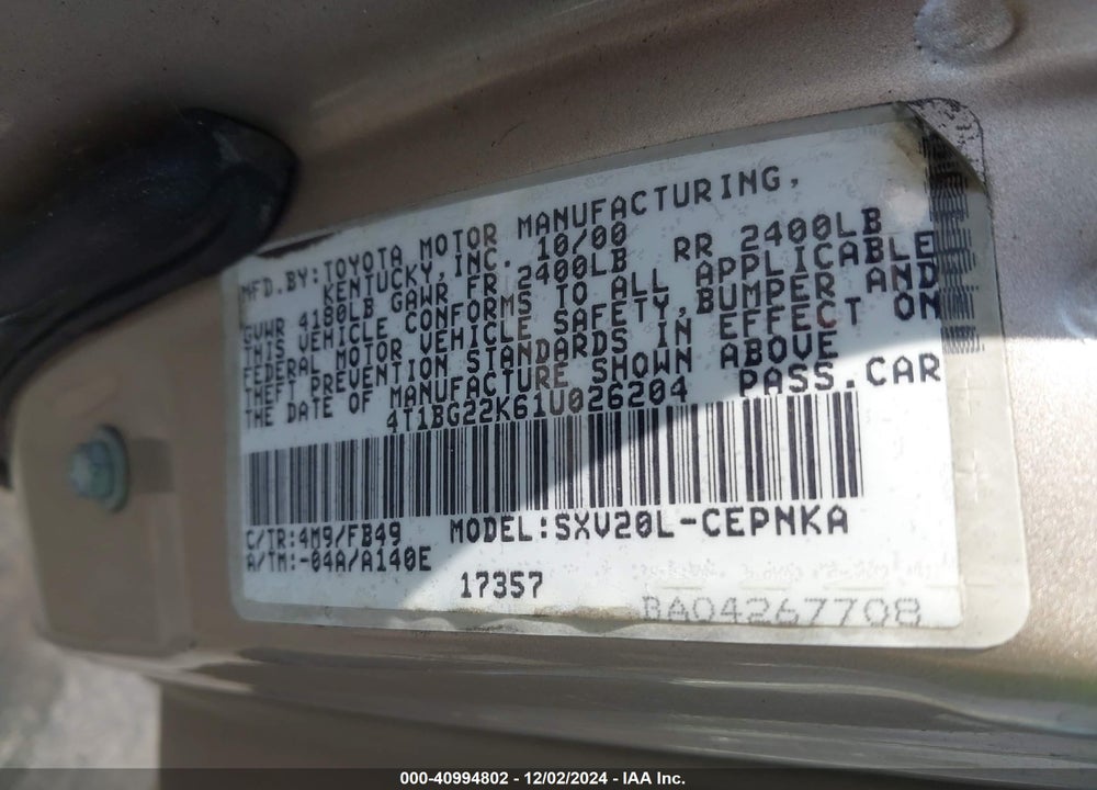 2001 TOYOTA CAMRY LE VIN: 4T1BG22K61U026204
