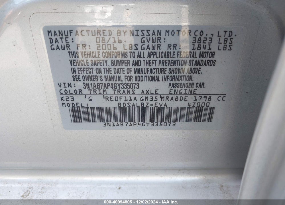 2016 NISSAN SENTRA S VIN: 3N1AB7AP4GY335073