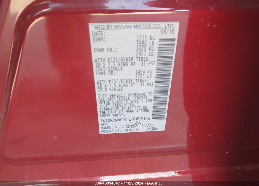 2018 NISSAN PATHFINDER SL VIN: 5N1DR2MN0JC676369
