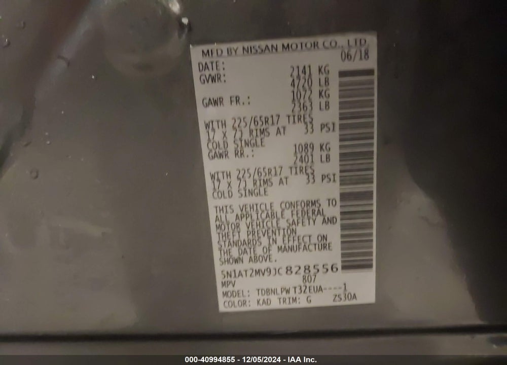 2018 NISSAN ROGUE S VIN: 5N1AT2MV9JC828556