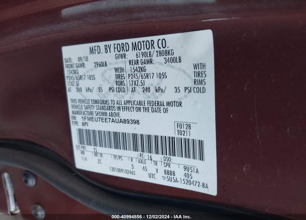 2010 FORD EXPLORER EDDIE BAUER VIN: 1FMEU7EE7AUA89398