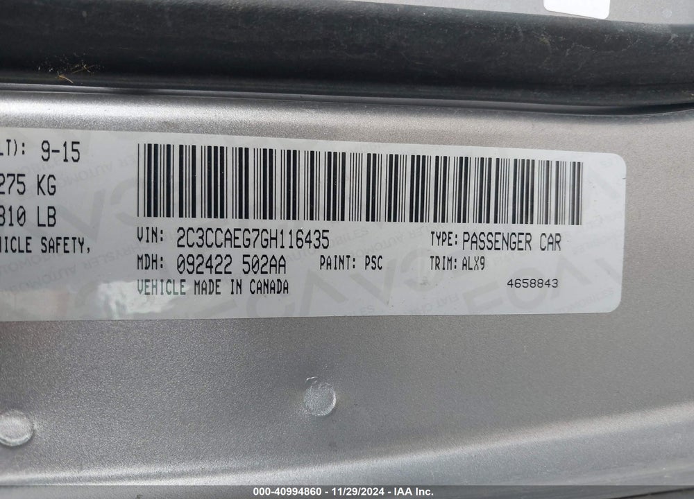 2016 CHRYSLER 300C VIN: 2C3CCAEG7GH116435