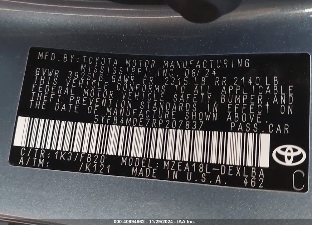 2024 TOYOTA COROLLA VIN: 5YFB4MDE7RP207837
