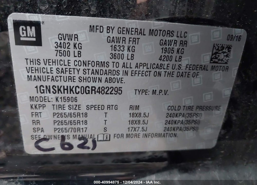 2016 CHEVROLET SUBURBAN LT VIN: 1GNSKHKC0GR482295