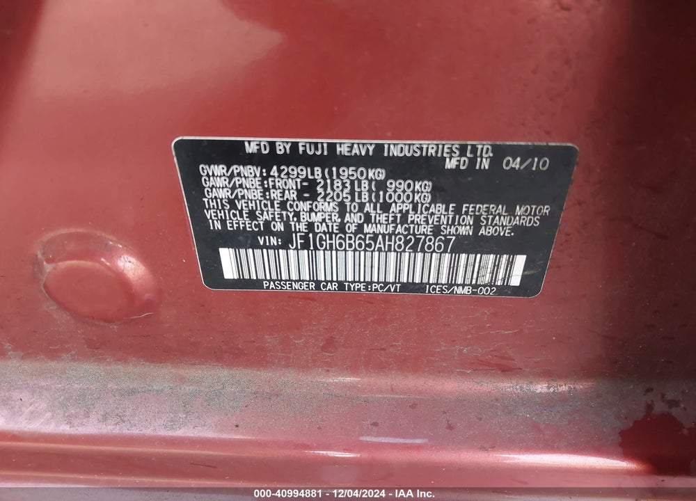 2010 SUBARU IMPREZA 2.5I PREMIUM VIN: JF1GH6B65AH827867