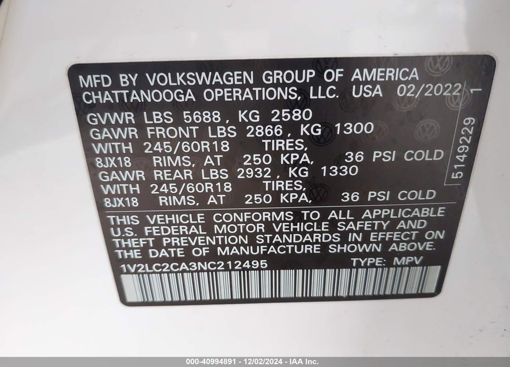 2022 VOLKSWAGEN ATLAS CROSS SPORT 2.0T SE VIN: 1V2LC2CA3NC212495