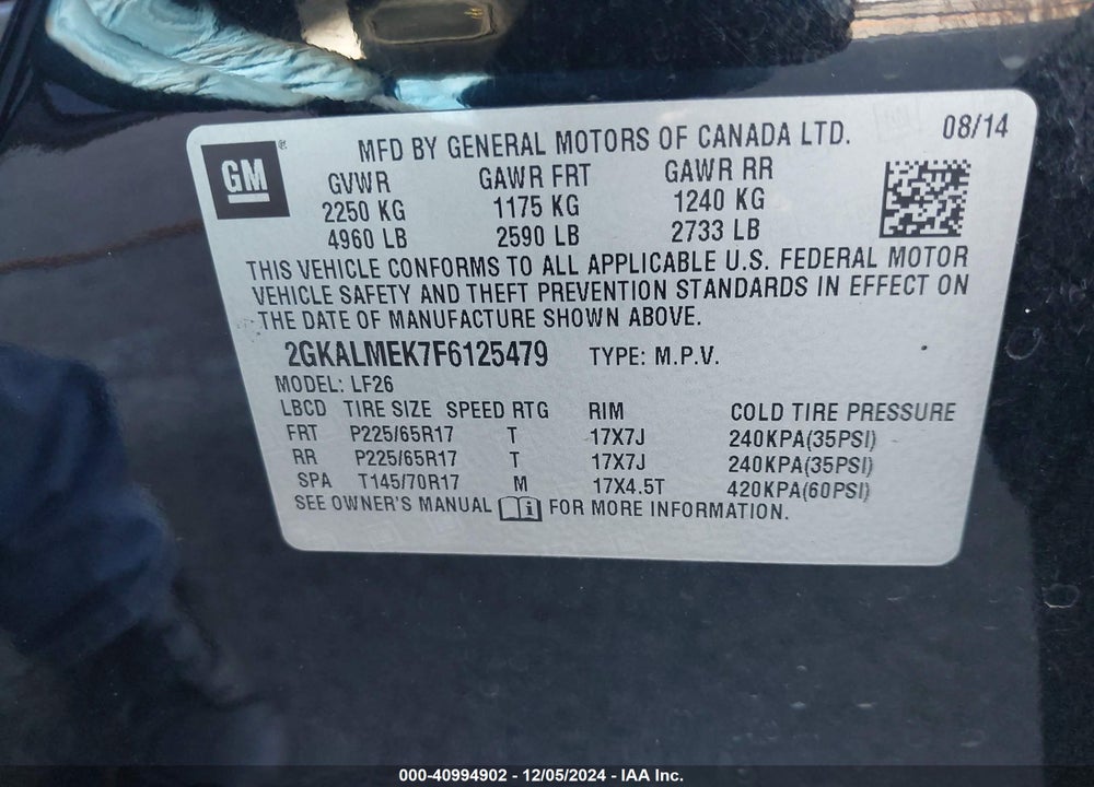 2015 GMC TERRAIN SLE-1 VIN: 2GKALMEK7F6125479