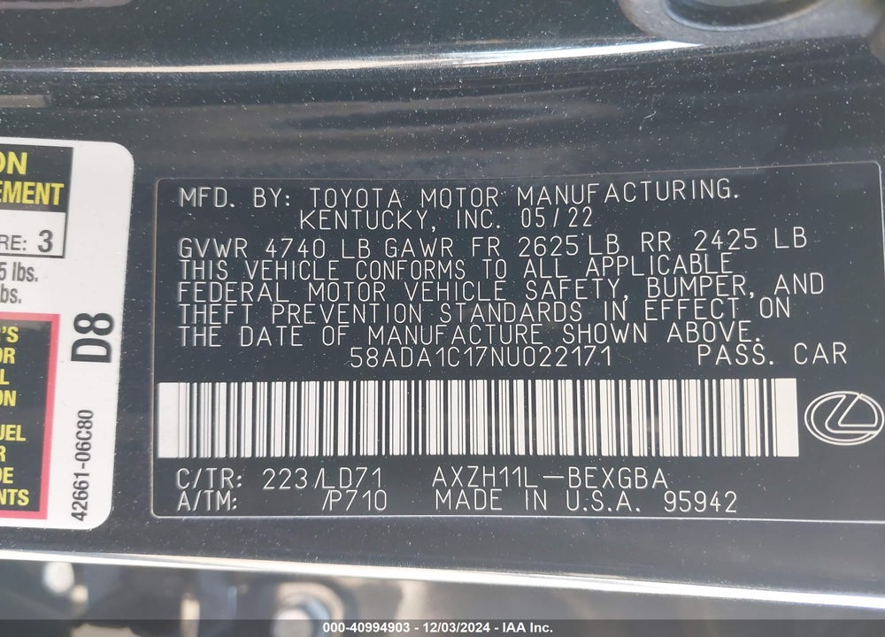 2022 LEXUS ES 300H VIN: 58ADA1C17NU022171