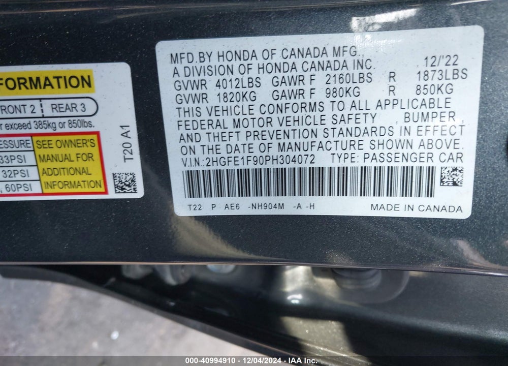 2023 HONDA CIVIC TOURING VIN: 2HGFE1F90PH304072