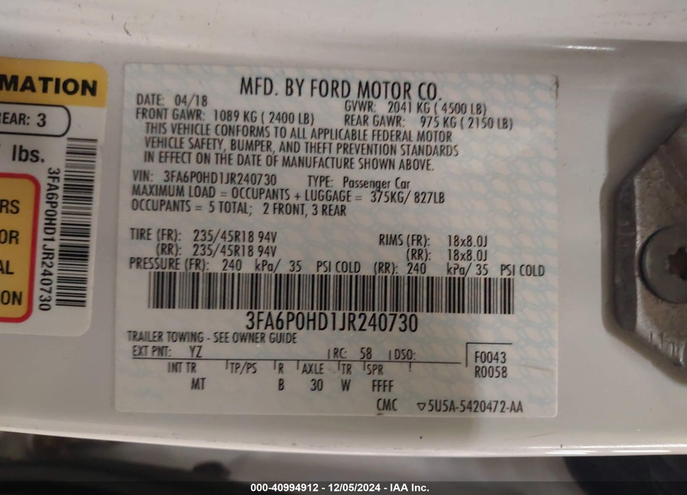 2018 FORD FUSION VIN: 3FA6P0HD1JR240730