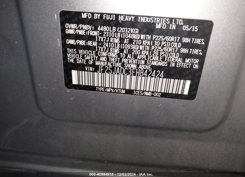 2015 SUBARU FORESTER VIN: JF2SJADC3FH842424