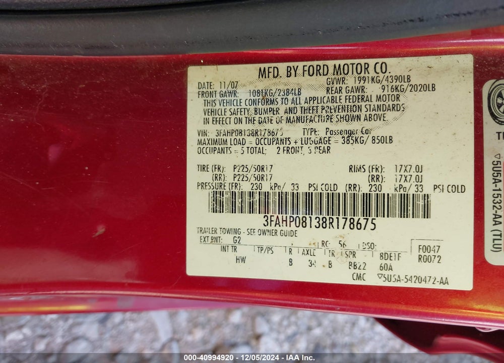 2008 FORD FUSION SEL VIN: 3FAHP08138R178675