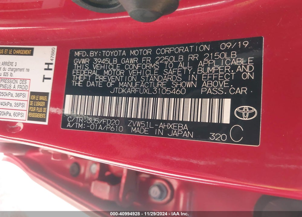 2020 TOYOTA PRIUS LE VIN: JTDKARFUXL3105460