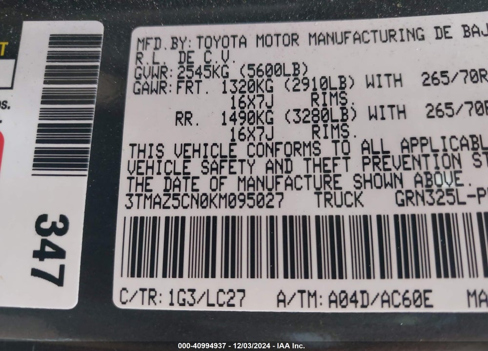2019 TOYOTA TACOMA TRD OFF ROAD VIN: 3TMAZ5CN0KM095027