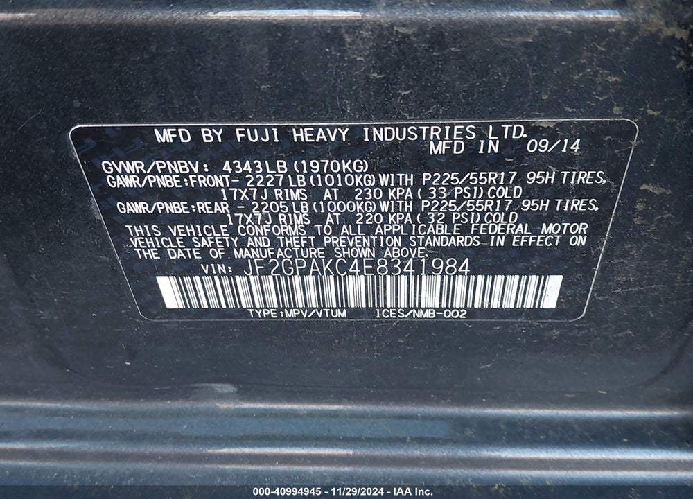 2014 SUBARU XV CROSSTREK 2.0I LIMITED VIN: JF2GPAKC4E8341984