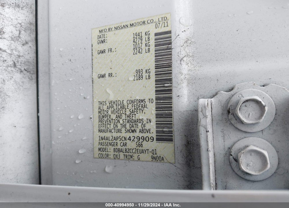 2012 NISSAN ALTIMA 2.5 S VIN: 1N4AL2AP5CN429909