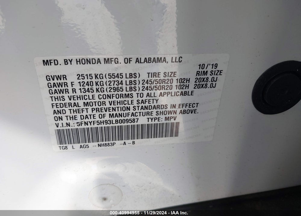 2020 HONDA PILOT 2WD TOURING 8 PASSENGER VIN: 5FNYF5H93LB009587