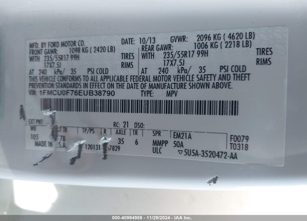 2014 FORD ESCAPE S VIN: 1FMCU0F76EUB38790
