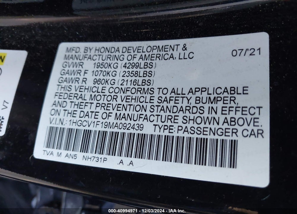 2021 HONDA ACCORD LX VIN: 1HGCV1F19MA092439