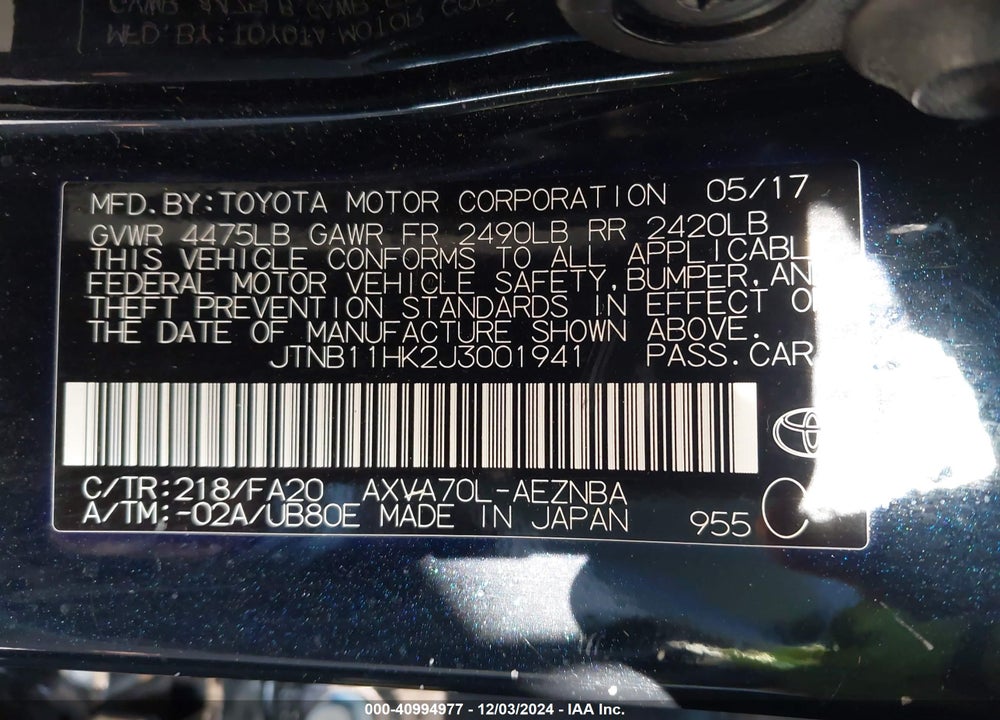 2018 TOYOTA CAMRY LE VIN: JTNB11HK2J3001941