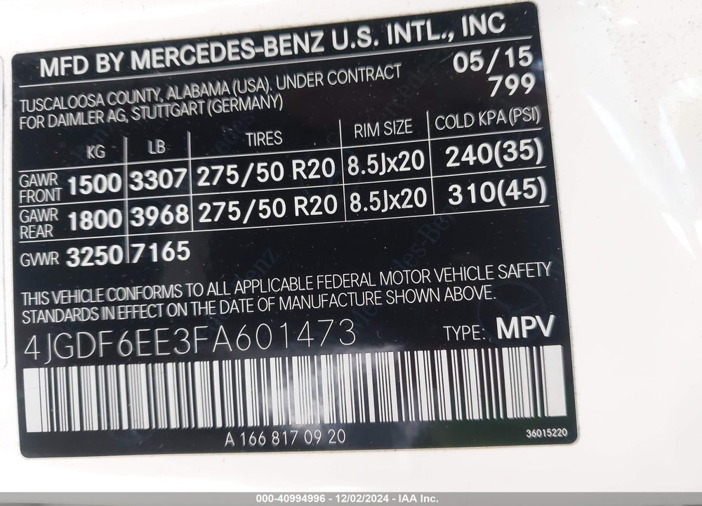 2015 MERCEDES-BENZ GL 450 4MATIC VIN: 4JGDF6EE3FA601473