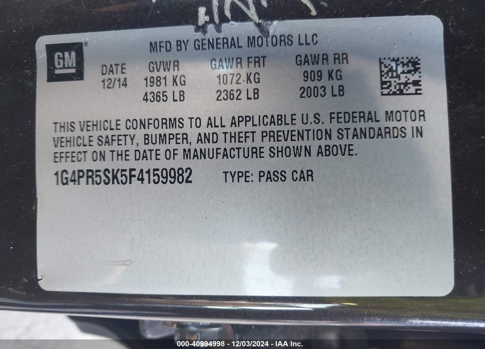 2015 BUICK VERANO CONVENIENCE GROUP VIN: 1G4PR5SK5F4159982