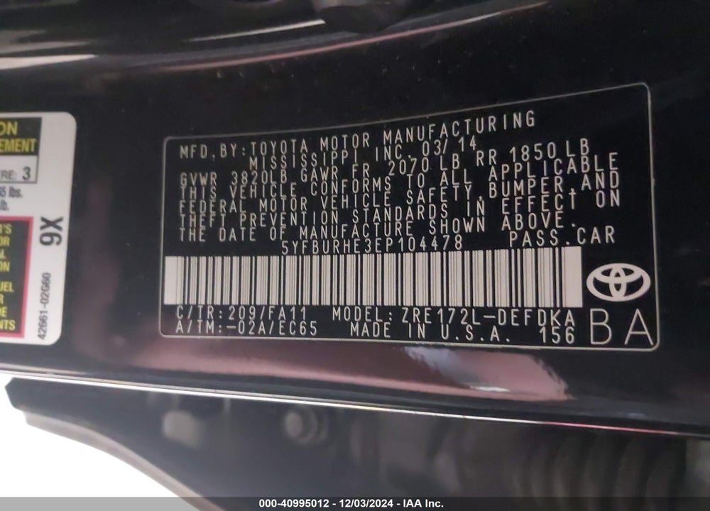 2014 TOYOTA COROLLA L VIN: 5YFBURHE3EP104478