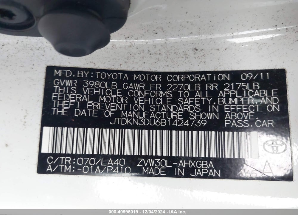2011 TOYOTA PRIUS VIN: JTDKN3DU6B1424739