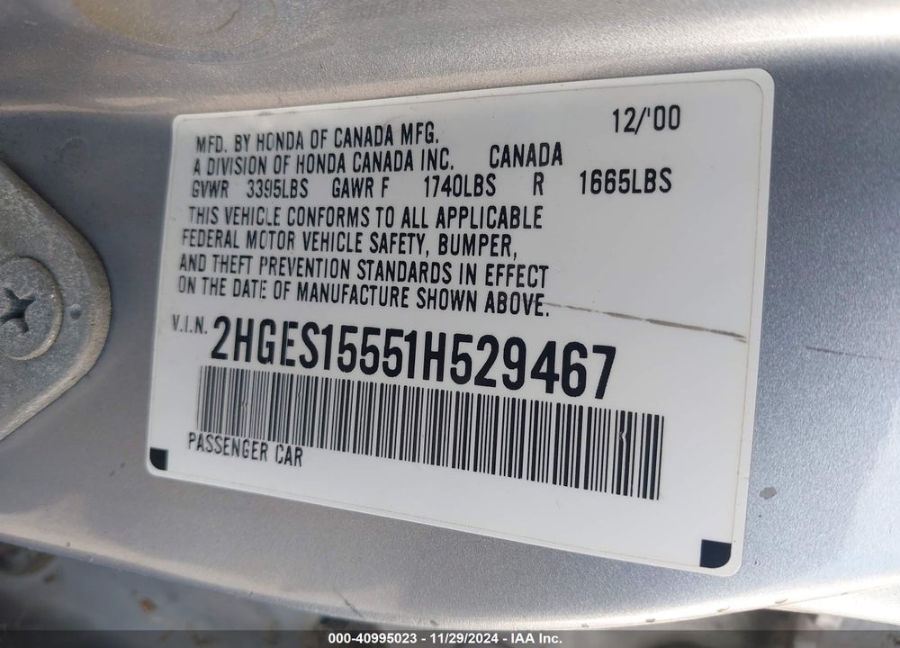 2001 HONDA CIVIC LX VIN: 2HGES15551H529467