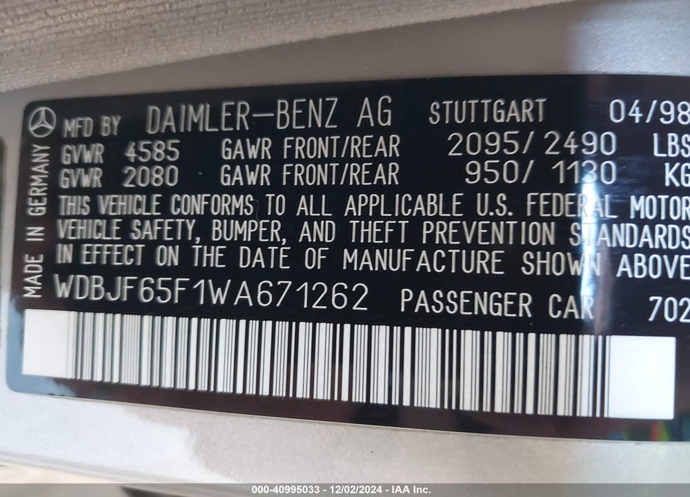 1998 MERCEDES-BENZ E 320 VIN: WDBJF65F1WA671262