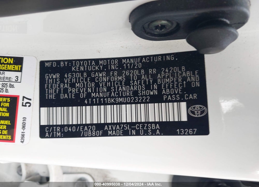 2021 TOYOTA CAMRY SE AWD VIN: 4T1T11BK9MU023222