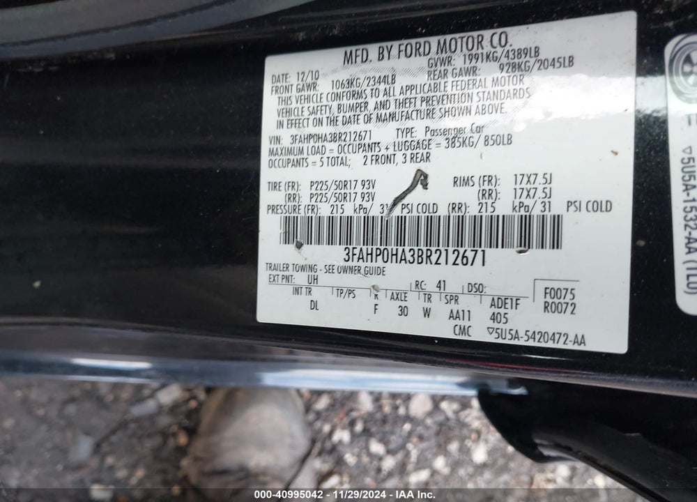 2011 FORD FUSION SE VIN: 3FAHP0HA3BR212671