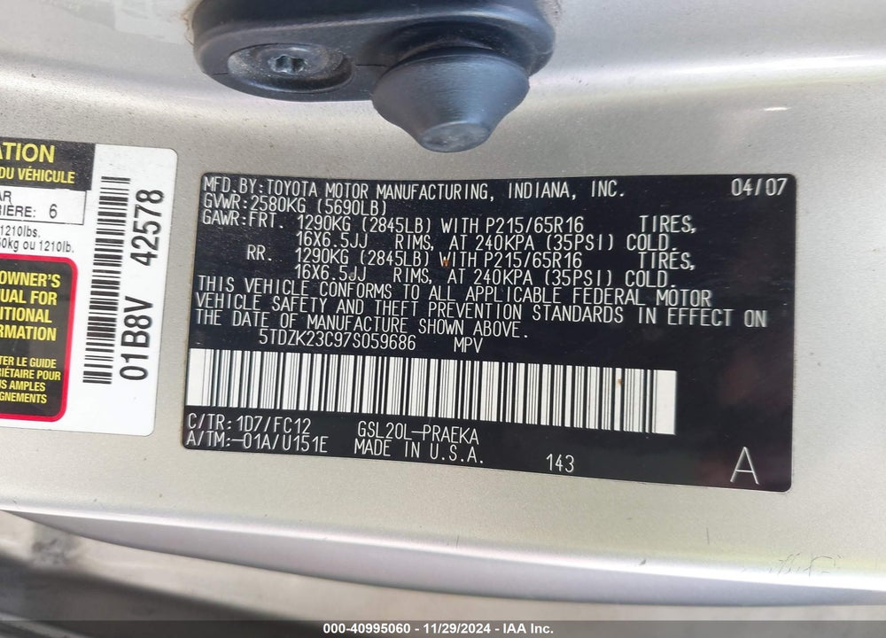2007 TOYOTA SIENNA LE VIN: 5TDZK23C97S059686