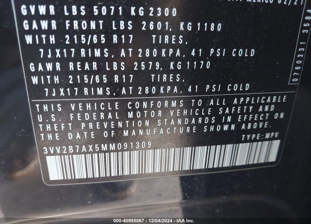 2021 VOLKSWAGEN TIGUAN 2.0T SE/2.0T SE R-LINE BLACK/2.0T SEL VIN: 3VV2B7AX5MM091309