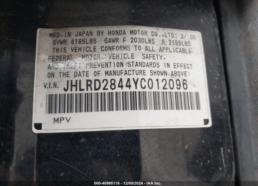 2000 HONDA CR-V LX VIN: JHLRD2844YC012096
