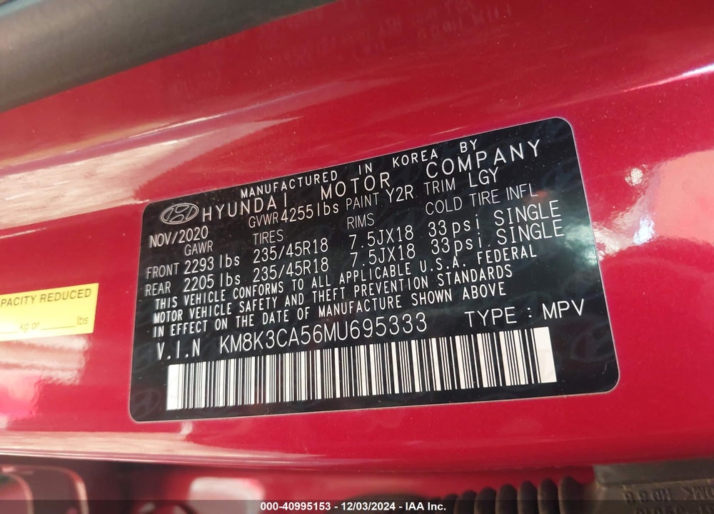 2021 HYUNDAI KONA LIMITED VIN: KM8K3CA56MU695333