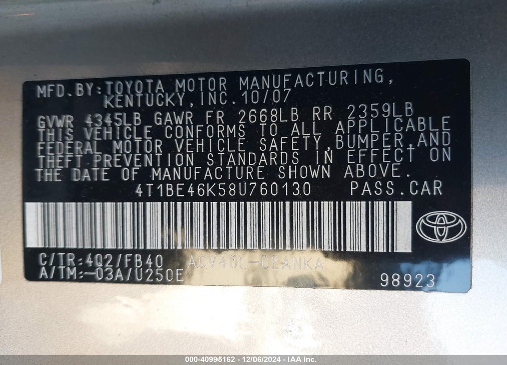 2008 TOYOTA CAMRY LE VIN: 4T1BE46K58U760130
