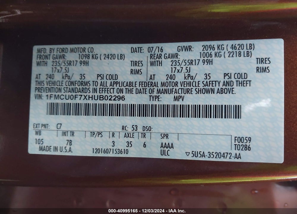 2017 FORD ESCAPE S VIN: 1FMCU0F7XHUB02296