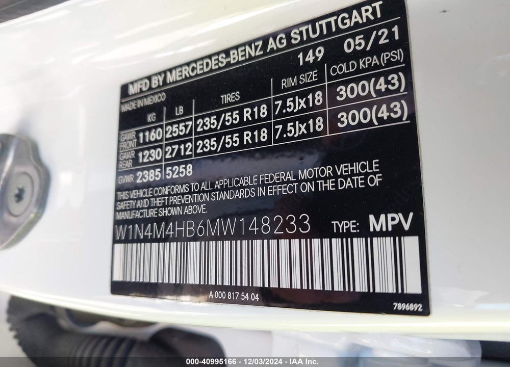 2021 MERCEDES-BENZ GLB 250 4MATIC VIN: W1N4M4HB6MW148233