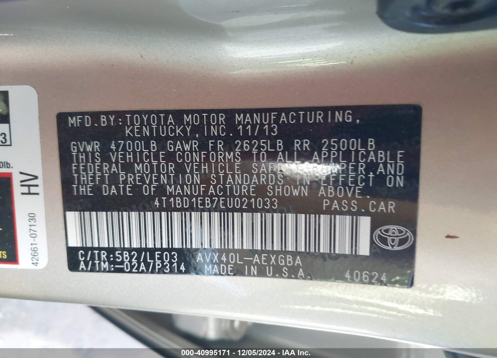 2014 TOYOTA AVALON HYBRID XLE TOURING VIN: 4T1BD1EB7EU021033
