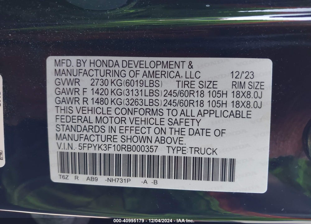 2024 HONDA RIDGELINE VIN: 5FPYK3F10RB000357